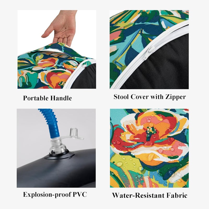 FUNHOME Inflatable Stool Ottoman Footrest with Handle, All Weather Footrest Seat with Foot Pump D20 xH9, Water Repellent Footstool Pouf for Home Patio Garden and Camping Use-Rosario Flower Leaf - Image 4